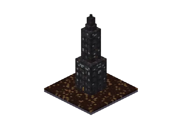 40 blocks high dark gothic skyscraper, a Minecraft tower of 3,700 blocks, rendered by Blocksmith from “a 40 blocks high dark gothic skyscraper”