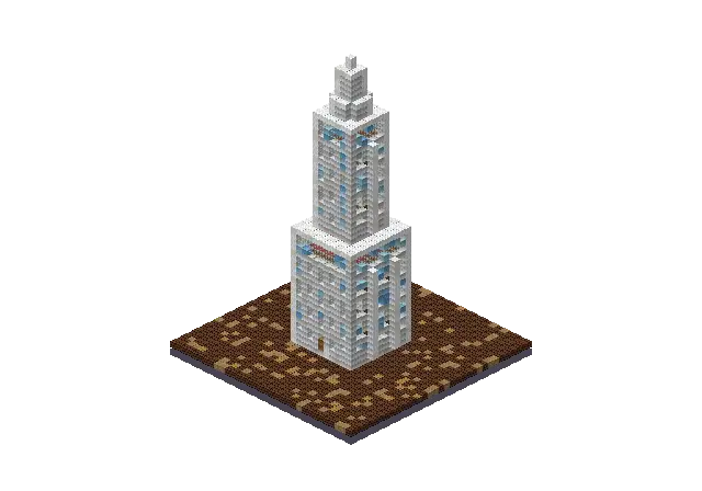 40 blocks high frozen skyscraper, a Minecraft tower of 3,700 blocks, rendered by Blocksmith from “a 40 blocks high frozen skyscraper”