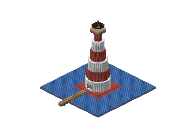 60 blocks high brick lighthouse, a Minecraft lighthouse of 8,122 blocks, rendered by Blocksmith from “a 60 blocks high brick lighthouse”