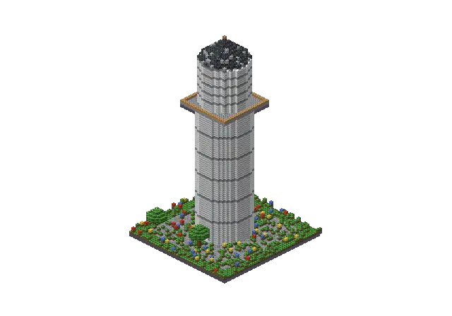 60 blocks high modern wizard tower, a Minecraft tower of 10,944 blocks, rendered by Blocksmith from “a 60 blocks high modern wizard tower”