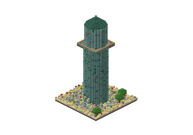 60 blocks high ocean wizard tower, a Minecraft tower of 10,941 blocks, rendered by Blocksmith from “a 60 blocks high ocean wizard tower”