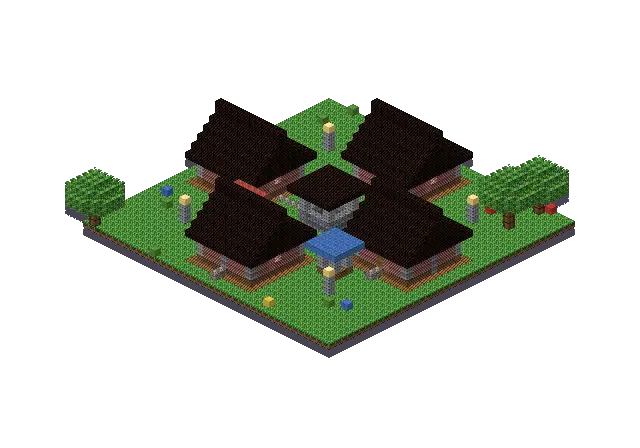 Brick village, a Minecraft village of 3,746 blocks, rendered by Blocksmith from “a brick village”