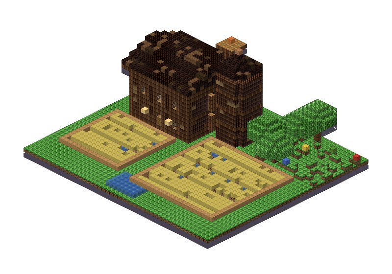 Cosy farm, an isometric block preview Blocksmith rendered from the wish: a cosy farm