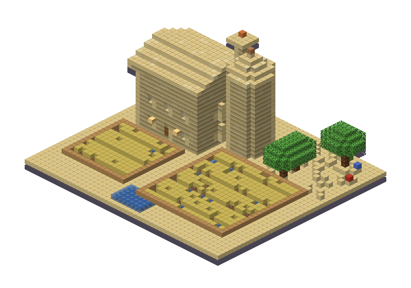 Desert farm, an isometric block preview Blocksmith rendered from the wish: a desert farm