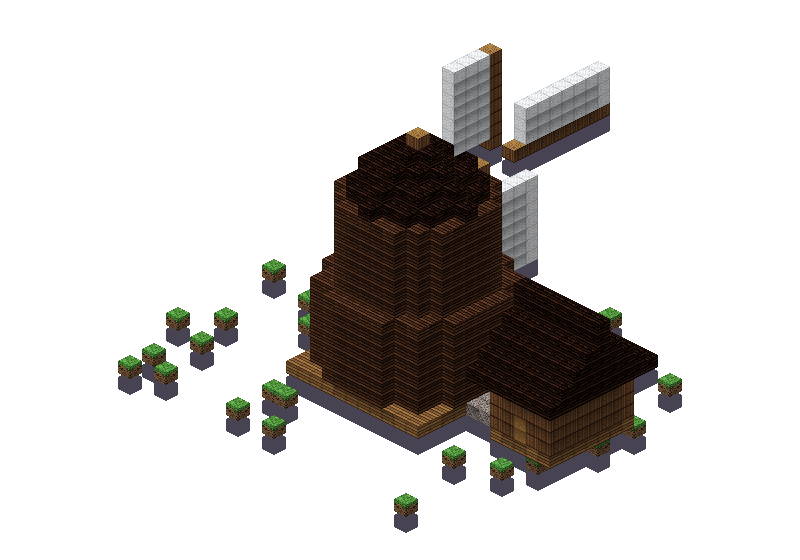 Wooden flour mill, an isometric block preview Blocksmith rendered from the wish: a wooden flour mill