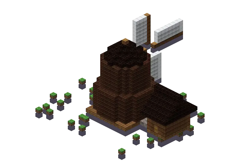 Wooden flour mill, a Minecraft windmill of 1,455 blocks, rendered by Blocksmith from “a wooden flour mill”