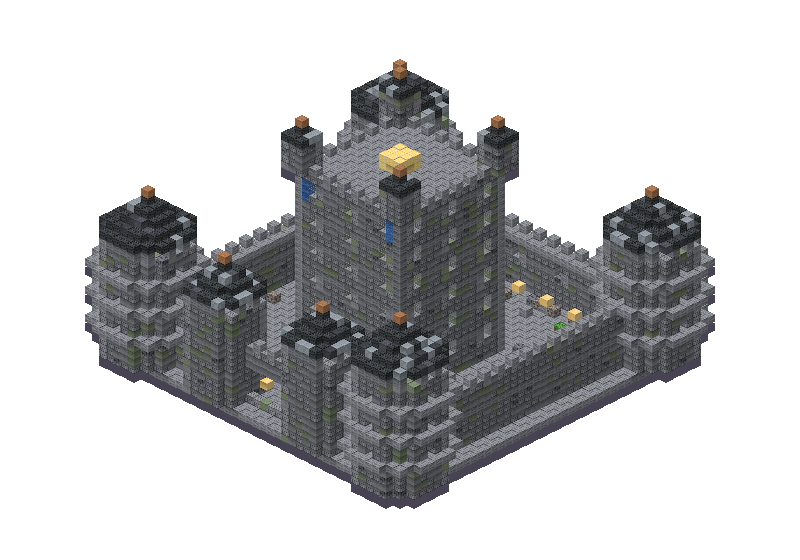 Stone castle with four towers, an isometric block preview Blocksmith rendered from the wish: a big stone castle with four towers