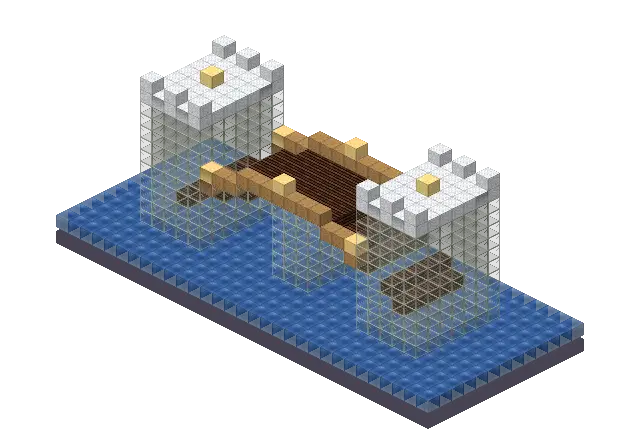 Frozen bridge, a Minecraft bridge of 1,170 blocks, rendered by Blocksmith from “a frozen bridge”