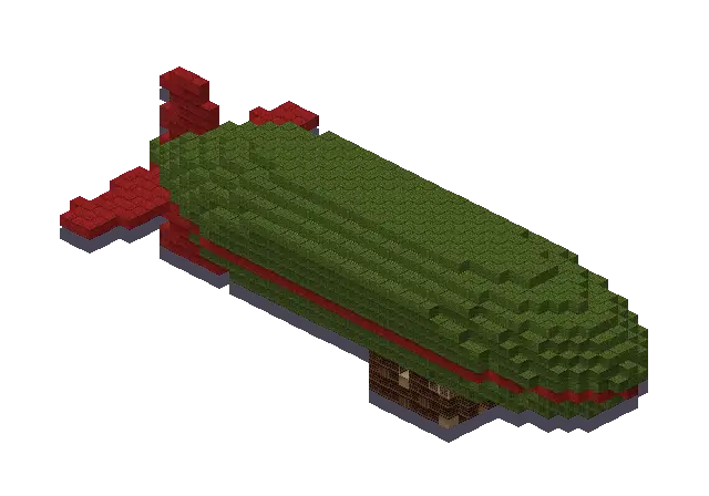 Green blimp, a Minecraft vehicle of 2,059 blocks, rendered by Blocksmith from “a green blimp”