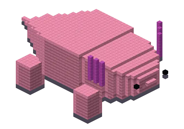 Huge axolotl, a Minecraft creature of 3,156 blocks, rendered by Blocksmith from “a huge axolotl”