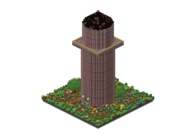 Huge brick wizard tower, a Minecraft tower of 9,451 blocks, rendered by Blocksmith from “a huge brick wizard tower”