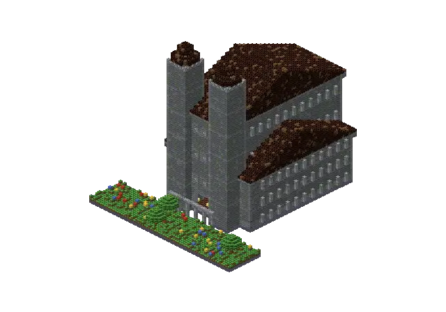 Huge cobble cathedral, a Minecraft temple of 29,762 blocks, rendered by Blocksmith from “a huge cobble cathedral”