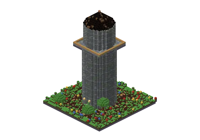 Huge cobble wizard tower, a Minecraft tower of 9,463 blocks, rendered by Blocksmith from “a huge cobble wizard tower”