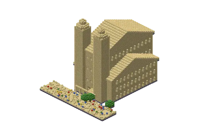 Huge desert cathedral, a Minecraft temple of 29,728 blocks, rendered by Blocksmith from “a huge desert cathedral”