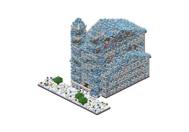Huge frozen cathedral, a Minecraft temple of 29,754 blocks, rendered by Blocksmith from “a huge frozen cathedral”
