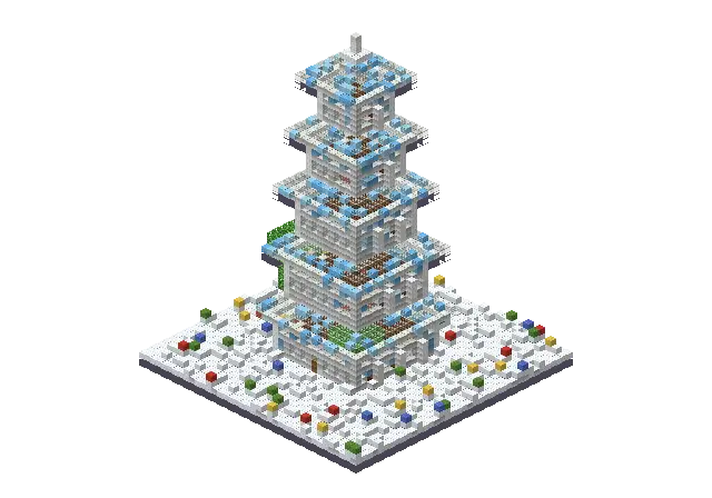 Huge frozen pagoda, a Minecraft temple of 6,148 blocks, rendered by Blocksmith from “a huge frozen pagoda”