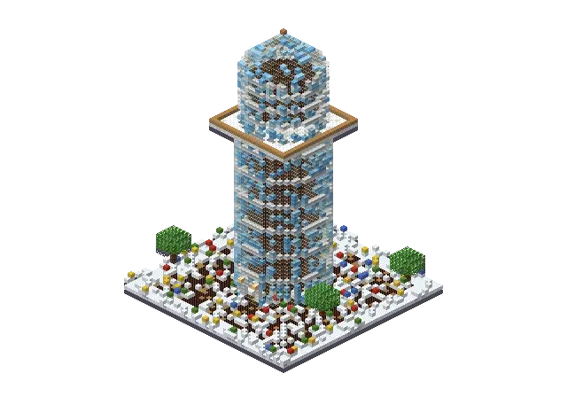Huge frozen wizard tower, a Minecraft tower of 9,469 blocks, rendered by Blocksmith from “a huge frozen wizard tower”