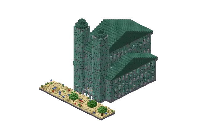 Huge ocean cathedral, a Minecraft temple of 29,753 blocks, rendered by Blocksmith from “a huge ocean cathedral”