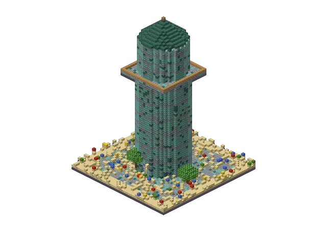Huge ocean wizard tower, a Minecraft tower of 9,426 blocks, rendered by Blocksmith from “a huge ocean wizard tower”