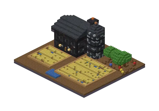 Small dark gothic farm, a Minecraft farm of 5,548 blocks, rendered by Blocksmith from “a small dark gothic farm”