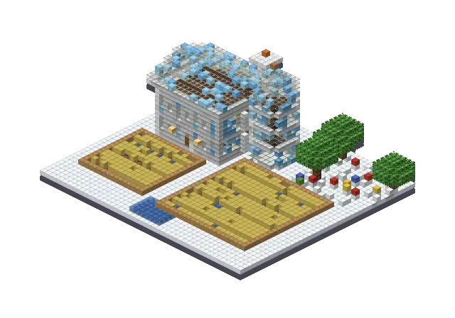 Small frozen farm, a Minecraft farm of 5,613 blocks, rendered by Blocksmith from “a small frozen farm”