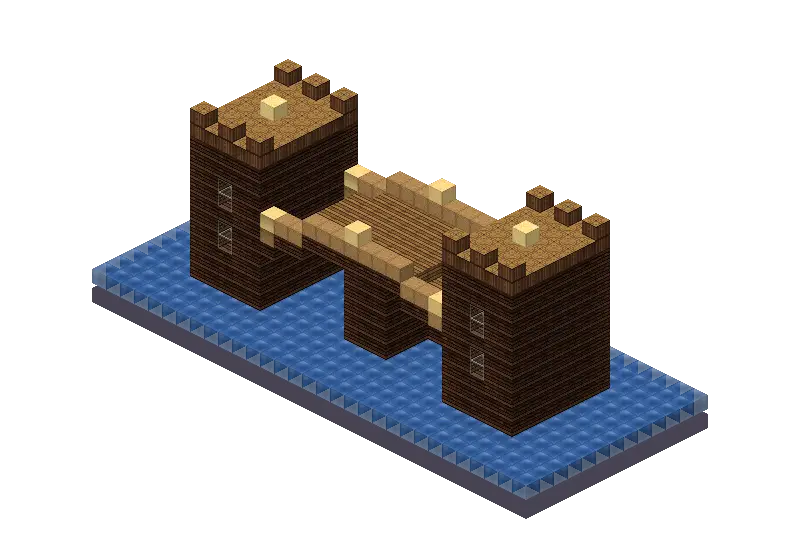 Wooden bridge, a Minecraft bridge of 1,170 blocks, rendered by Blocksmith from “a wooden bridge”