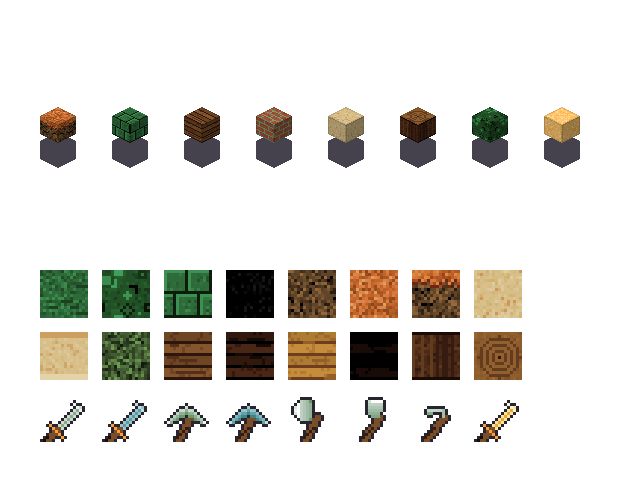 Autumn forest blocks. Autumn is a palette: orange leaves, darker earth, amber light. The same painter draws stone, wood and the tools.