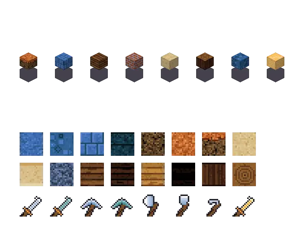 Blue autumn blocks. The palette is rock #3f6fb5, leaf #c2652a, water #4a7f8a and glow #ffc46a. Blocksmith draws the tiles from this palette. They are not Mojang's.