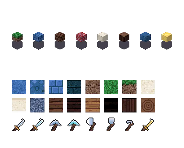 Blue christmas blocks. The palette is rock #3f6fb5, leaf #2f7a3a, water #8fc8e8 and glow #ffd86a. Blocksmith draws the tiles from this palette. They are not Mojang's.