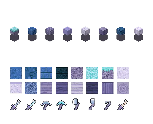 Blue crystal blocks. The palette is rock #3f6fb5, leaf #8fd8e0, water #8fd0f2 and glow #e0d0ff. Blocksmith draws the tiles from this palette. They are not Mojang's.