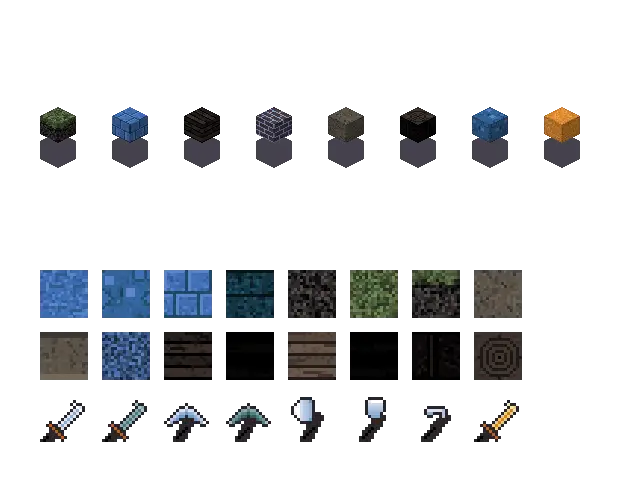 Blue gothic blocks. The palette is rock #3f6fb5, leaf #4a5a3a, water #3a4a52 and glow #e08a2f. Blocksmith draws the tiles from this palette. They are not Mojang's.