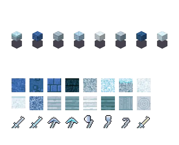 Blue ice blocks. The palette is rock #3f6fb5, leaf #bfe3f2, water #7fc8e8 and glow #d8f2ff. Blocksmith draws the tiles from this palette. They are not Mojang's.