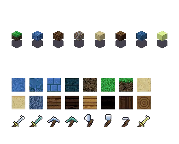 Blue jungle blocks. The palette is rock #3f6fb5, leaf #2f8f3a, water #2f8f7a and glow #d8f08a. Blocksmith draws the tiles from this palette. They are not Mojang's.
