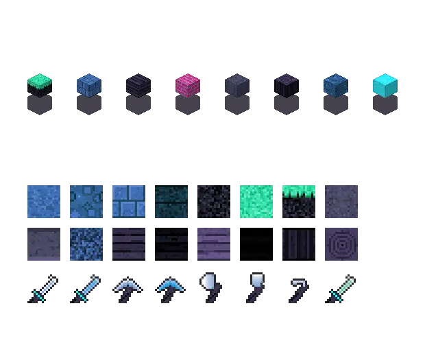 Blue neon blocks. The palette is rock #3f6fb5, leaf #2fe0a8, water #2f7fe0 and glow #2ff0ff. Blocksmith draws the tiles from this palette. They are not Mojang's.