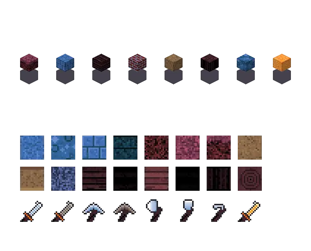 Blue nether blocks. The palette is rock #3f6fb5, leaf #7a3a52, water #8a2f20 and glow #ff9a3a. Blocksmith draws the tiles from this palette. They are not Mojang's.