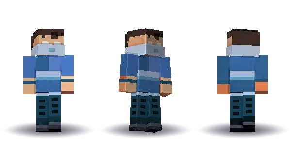 Blue ninja with a ponytail. Hair is ponytail, the face is happy, the top is kimono and the legs are hakama. Extras: mask. The top colour is #3f6fb5.