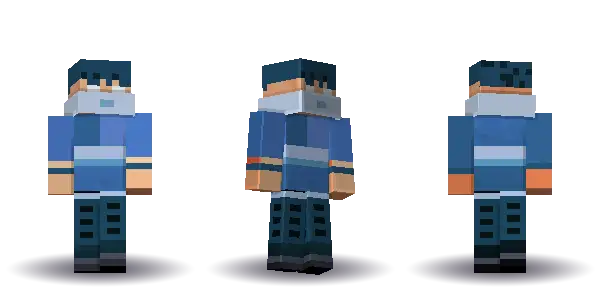 Blue ninja with spiky hair. Hair is spiky, the face is happy, the top is kimono and the legs are hakama. Extras: mask. The top colour is #3f6fb5.