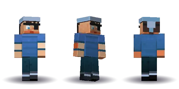Blue pirate with a ponytail with an eyepatch. Hair is ponytail, the face is brave, the top is tee and the legs are boots. Extras: eyepatch, bandana. The top colour is #3f6fb5.