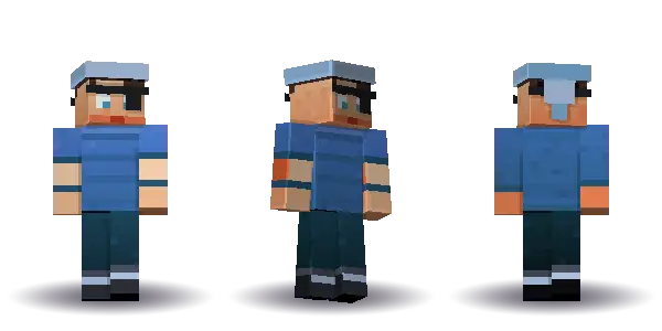 Blue pirate with an eyepatch. Hair is short, the face is brave, the top is tee and the legs are boots. Extras: eyepatch, bandana. The top colour is #3f6fb5.