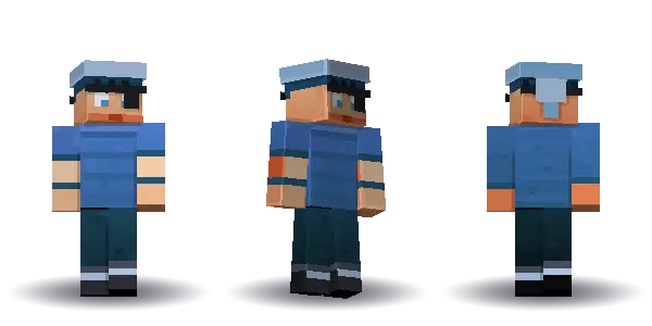 Blue pirate with spiky hair with an eyepatch. Hair is spiky, the face is brave, the top is tee and the legs are boots. Extras: eyepatch, bandana. The top colour is #3f6fb5.
