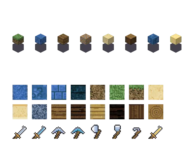 Blue royal blocks. The palette is rock #3f6fb5, leaf #5f8a4a, water #3f7fc4 and glow #ffe08a. Blocksmith draws the tiles from this palette. They are not Mojang's.