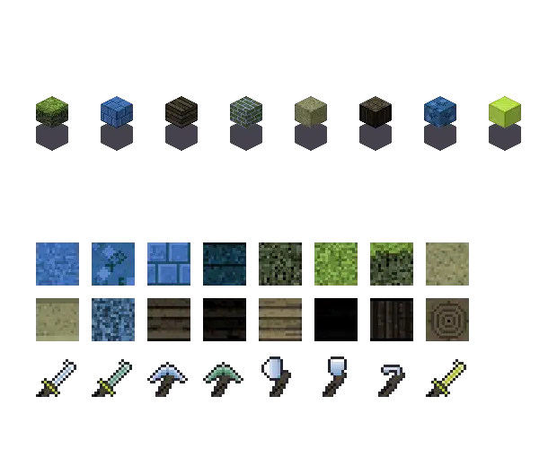 Blue swamp blocks. The palette is rock #3f6fb5, leaf #6a8a3a, water #5a7a4a and glow #b8e04a. Blocksmith draws the tiles from this palette. They are not Mojang's.
