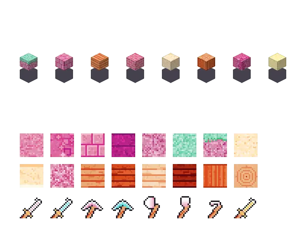 Candy blocks. The palette is rock #e58fb0, leaf #8fd9bd, water #8fd8e8 and glow #fff0a8. Blocksmith draws the tiles from this palette. They are not Mojang's.