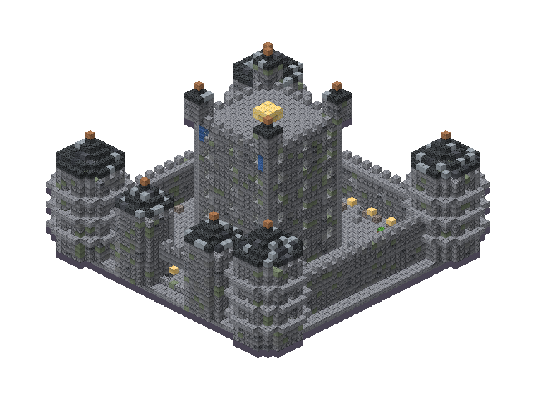 An isometric view of a stone castle with four towers, built by Blocksmith out of original block placements