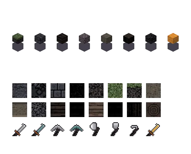 Dark gothic blocks. Gothic selects the haunted palette: dark rock, dim water, a dull glow. The set is original.