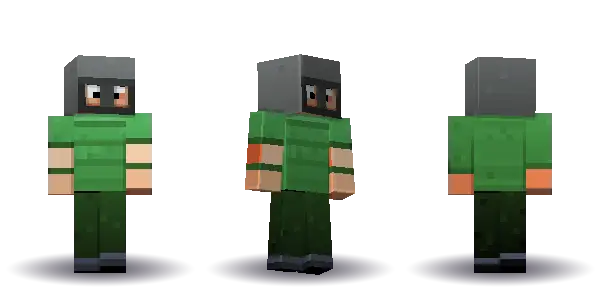 Green bald cyber helmet. Hair is bald, the face is visor, the top is tee and the legs are trousers. Extras: helmet. The top colour is #4a9d4f.