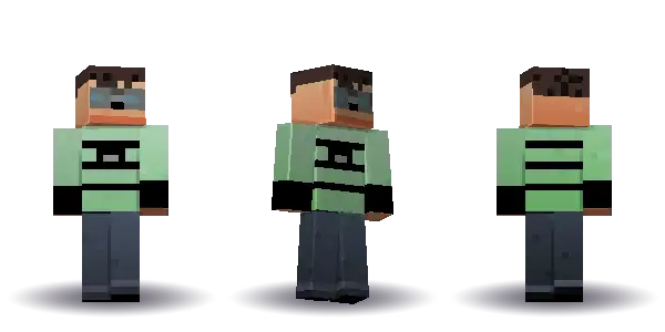 Green cyber spacesuit with goggles. Hair is short, the face is visor, the top is spacesuit and the legs are trousers. Extras: goggles. The top colour is #4a9d4f.