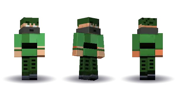 Green ninja with spiky hair. Hair is spiky, the face is happy, the top is kimono and the legs are hakama. Extras: mask. The top colour is #4a9d4f.