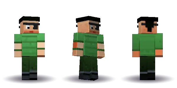 Green pirate bald with an eyepatch. Hair is bald, the face is brave, the top is tee and the legs are boots. Extras: eyepatch, bandana. The top colour is #4a9d4f.