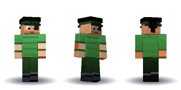 Green pirate with spiky hair with an eyepatch. Hair is spiky, the face is brave, the top is tee and the legs are boots. Extras: eyepatch, bandana. The top colour is #4a9d4f.